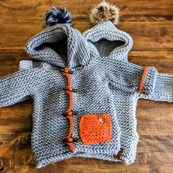 Hand knitted Dark grey coat with cape and pompom - Picture 8 of 9